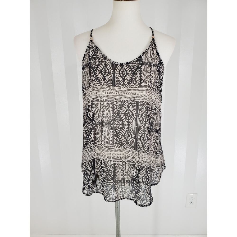 IZ BYER Women's Black & Beige Patterned Sheer Top Sz M